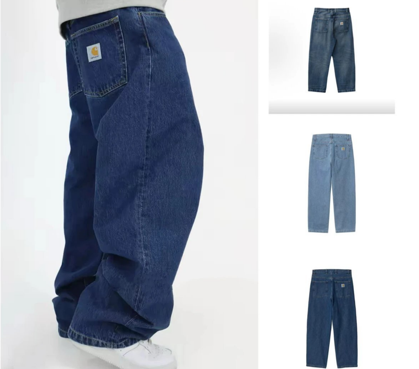 Wide-leg blue Carhartt baggy denim jeans shown on a model from the side, with three smaller inset views of the same jeans in different washes on the right against a white background. A Carhartt logo patch is visible on the back pocket.