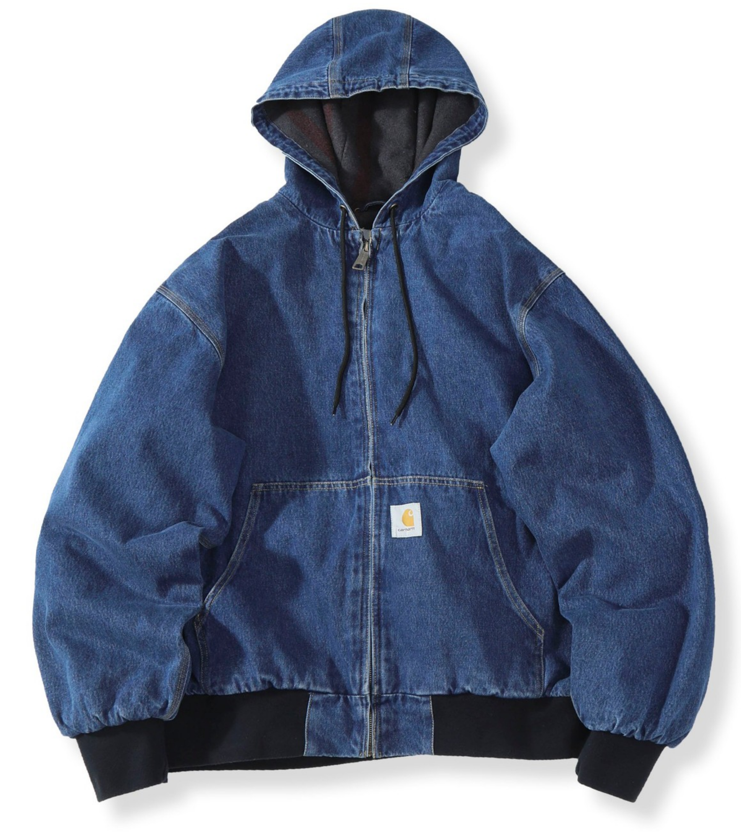 A blue denim Carhartt hooded jacket with black ribbed cuffs and hem, displayed flat against a white background.