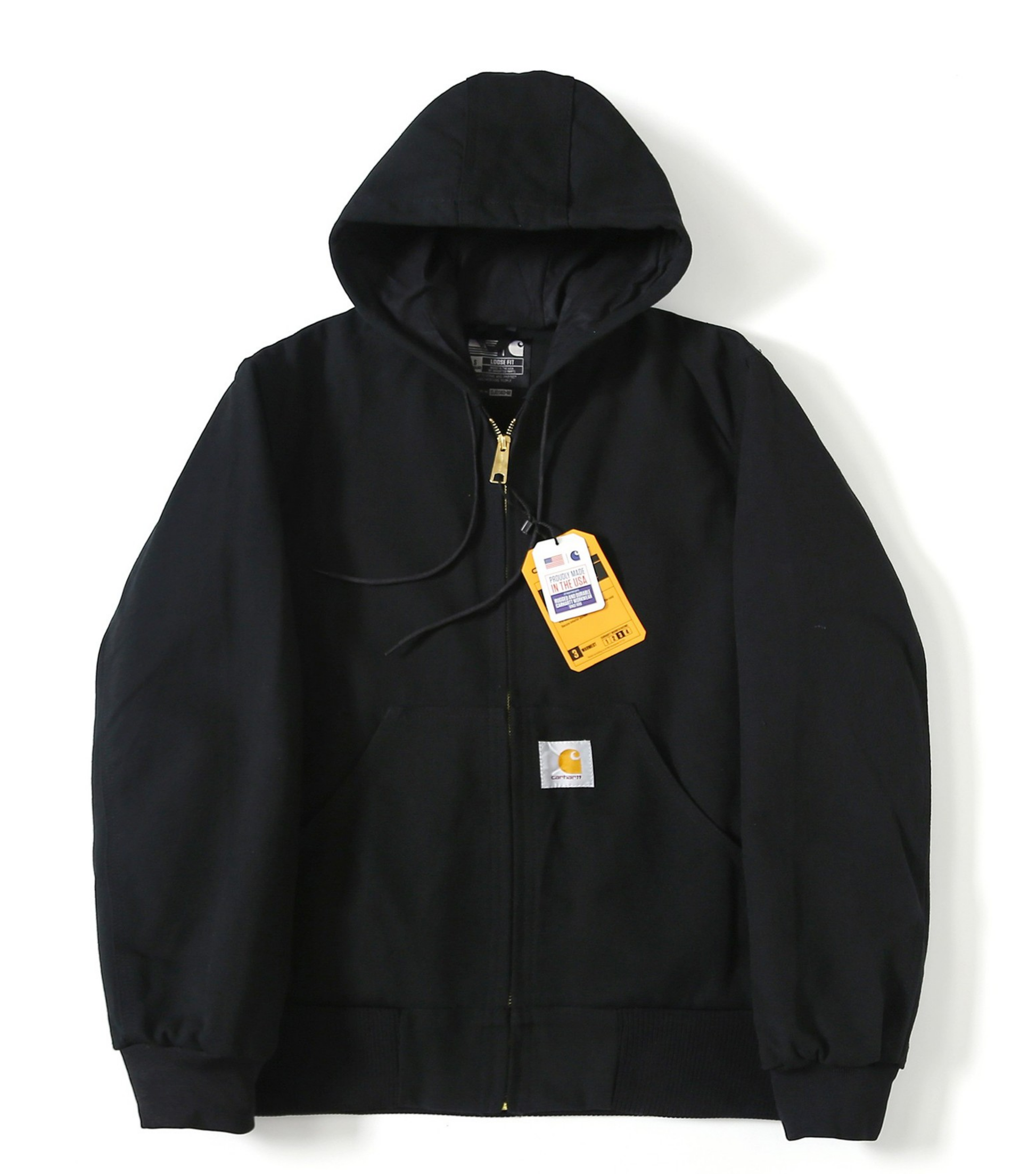 A black Carhartt J140 hooded jacket with a front zipper, kangaroo pockets, and a yellow hangtag, displayed against a plain white background.