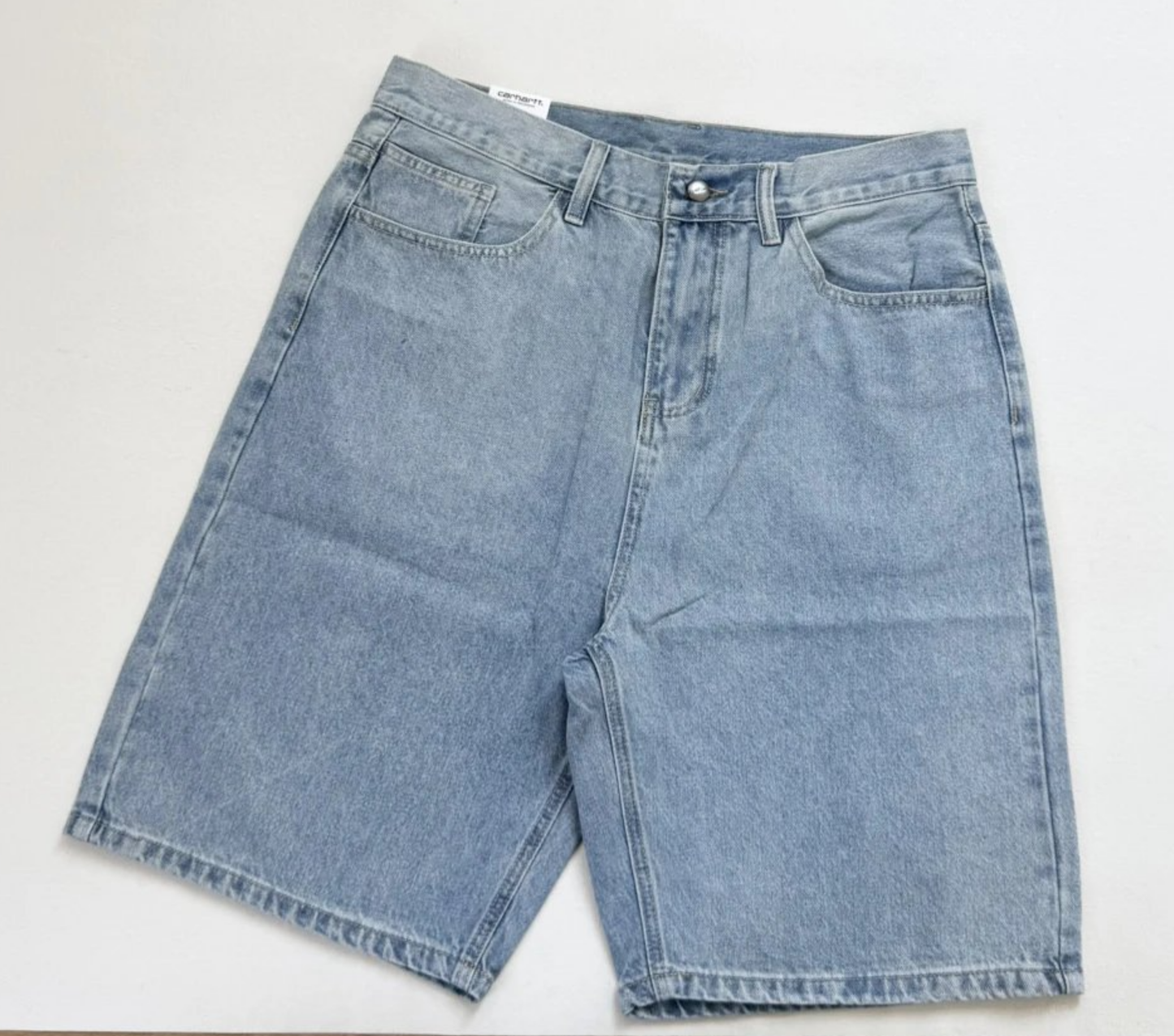 Light blue denim shorts with a faded wash, laid flat on a white background.