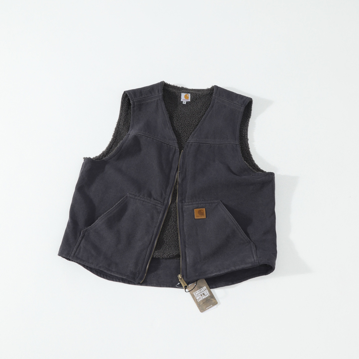 Vintage Carhartt V26 sherpa vest in charcoal grey, deadstock, front view